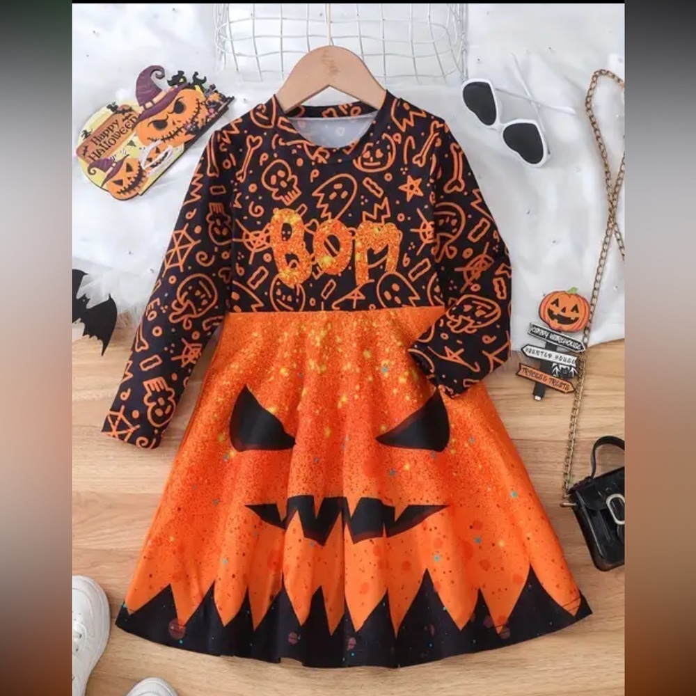 🧡 Spooky Chic Girls' Halloween Dress - Long Sleeve, Round Neck With Pumpkin NWT